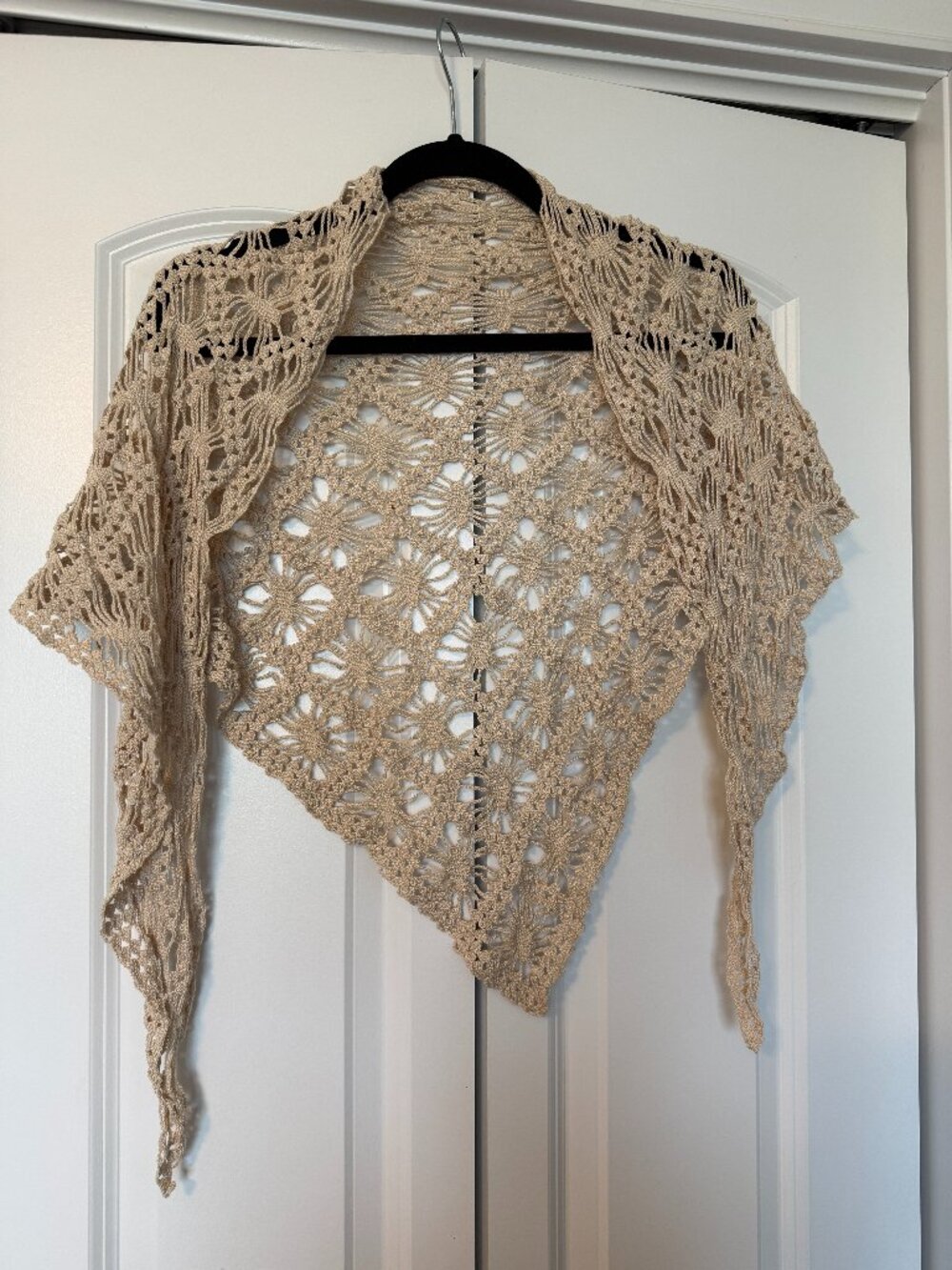 Handmade Crochet Lace Triangle Shawl Wrap Beige Floral Openwork